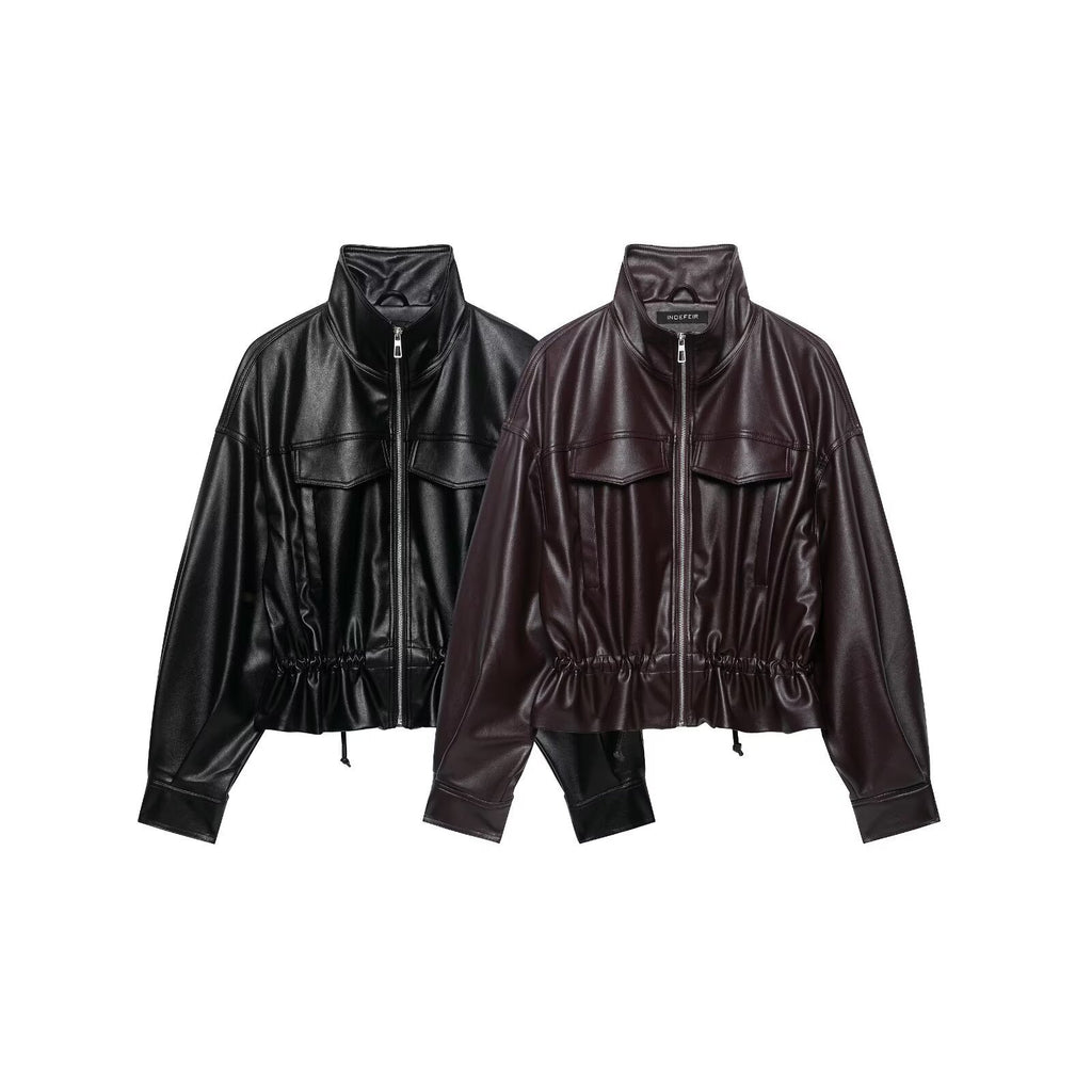 Women's cropped faux leather bomber jacket with drawstring waist Fashion Glam
