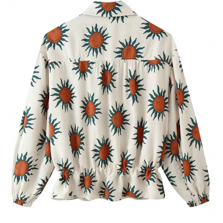 Women's Printed Bomber Jacket with Zipper, Shirt Collar and Waist Drawstring Fashion Glam