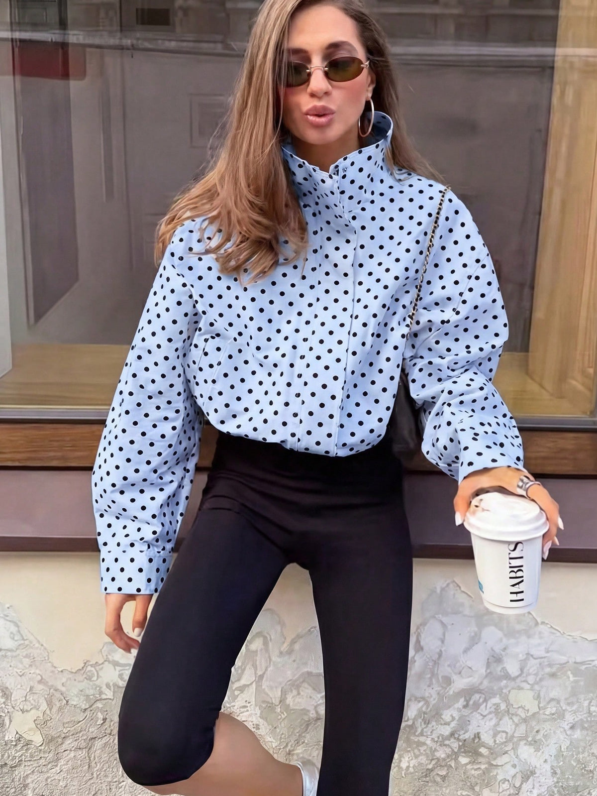 Women Polka Dot Blouse with Stand-up Collar and Balloon Sleeves Fashion Glam