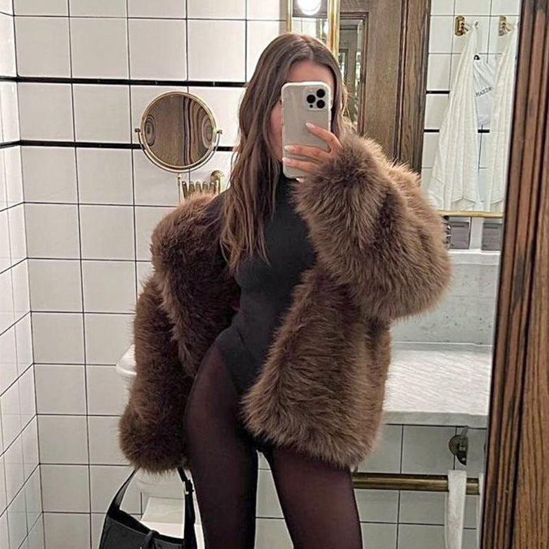 Women's Mid-length Faux Fur Coat with Long Fiber Shaggy Look and Concealing A-Line Fashion Glam