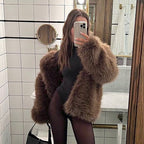 Women's Mid-length Faux Fur Coat with Long Fiber Shaggy Look and Concealing A-Line Fashion Glam