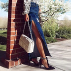 Women's High-Waisted Wide-Leg Jeans with Side Thigh Slits and Knee Rips Fashion Glam