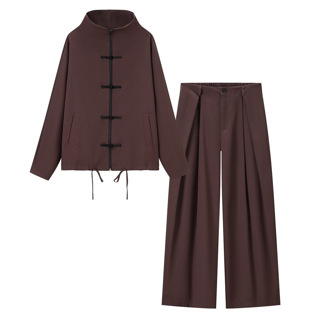 Women's lightweight boxy jacket with stand-up collar, zipper front, drawstring and decorative knot closures Fashion Glam