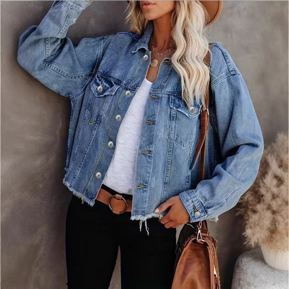 Women's Short Cut Oversized Denim Jacket with Frayed Hem and Flap Pockets Fashion Glam