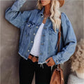 Women's Short Cut Oversized Denim Jacket with Frayed Hem and Flap Pockets Fashion Glam