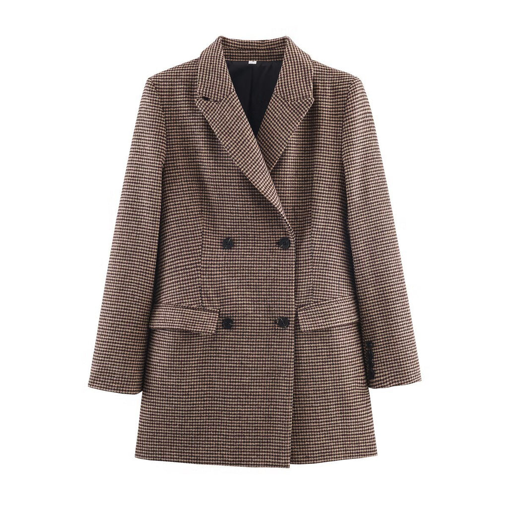 Women's Double-Breasted Houndstooth Blazer with Oversized Cut and Lapel Collar Fashion Glam