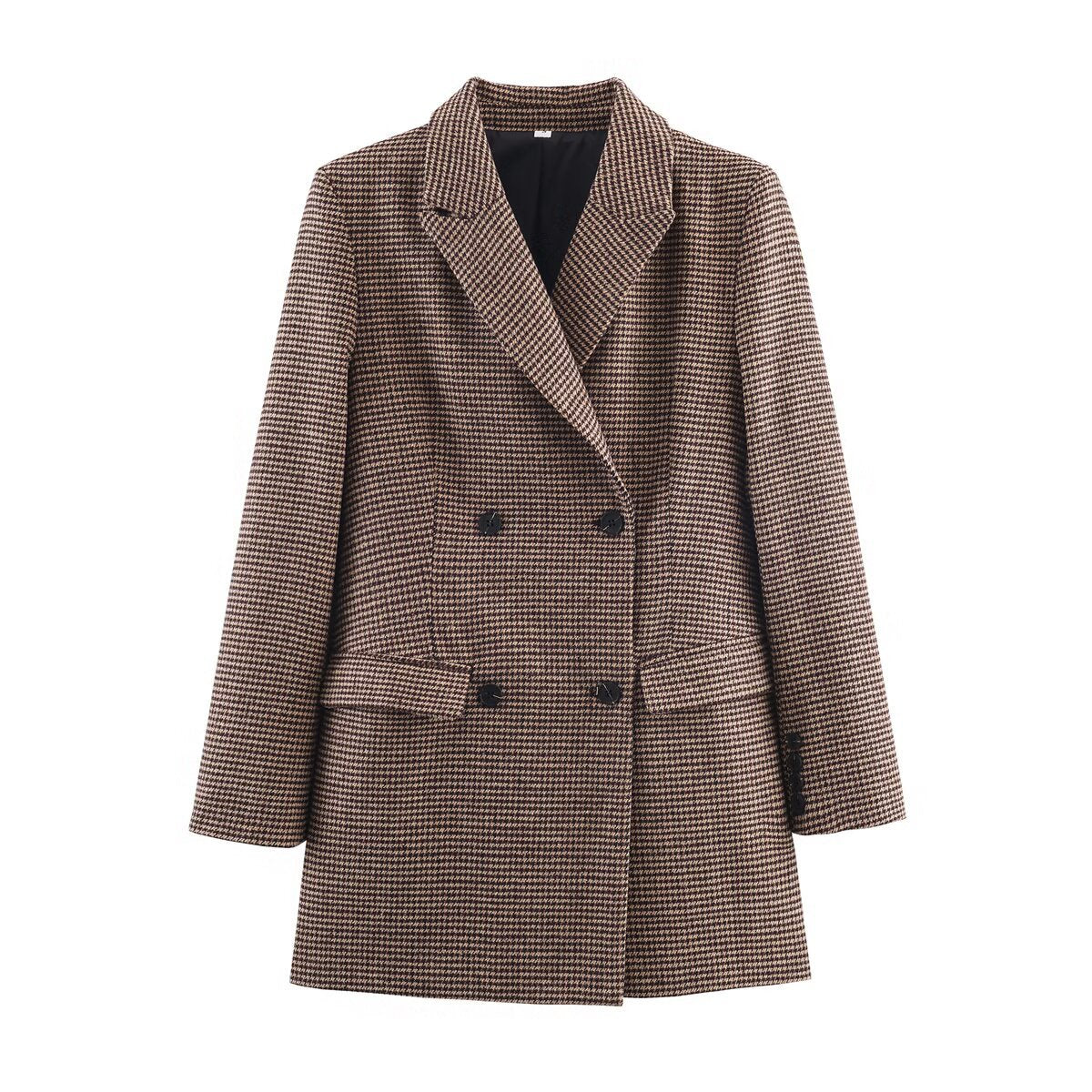 Women's Double-Breasted Houndstooth Blazer with Oversized Cut and Lapel Collar Fashion Glam