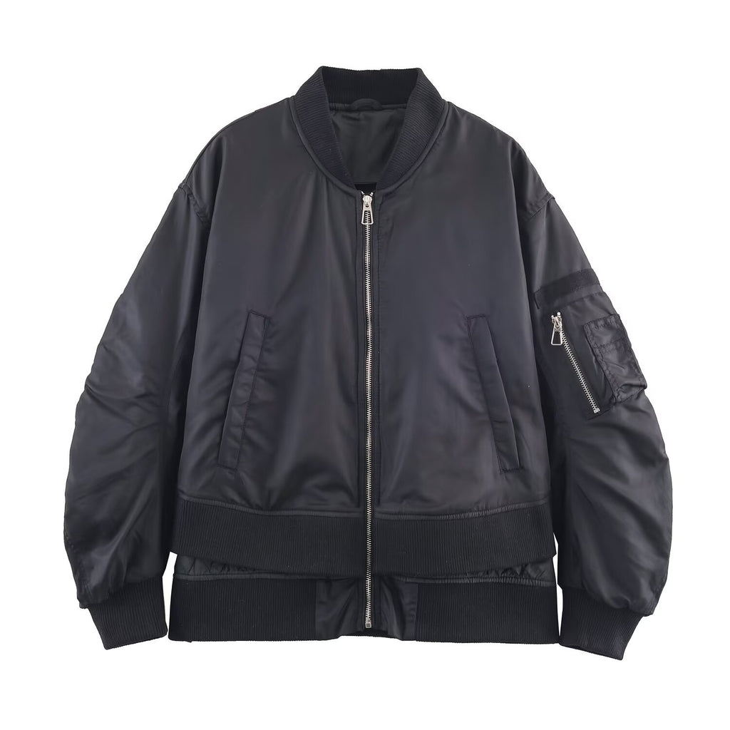Women's Oversize Bomber Jacket with padded quilted lining, sleeve zip pocket and wide ribbed cuff Fashion Glam