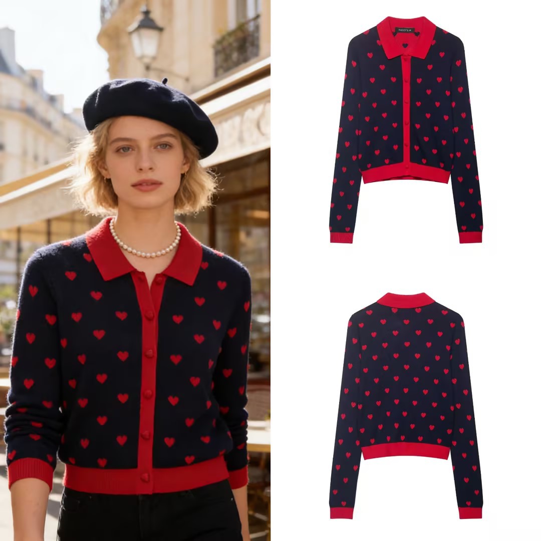 Women Short-Cut Cardigan with Shirt Collar, Heart Jacquard and Button Placket Fashion Glam