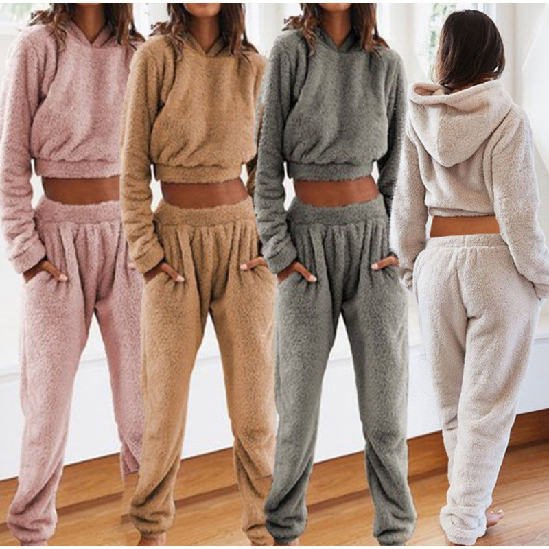 Women's Cozy Teddy Fleece Loungewear with Cropped Hoodie and High-Waist Joggers Fashion Glam