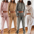 Women's Cozy Teddy Fleece Loungewear with Cropped Hoodie and High-Waist Joggers Fashion Glam