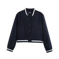 Women's short-cut college bomber jacket with ribbed striped collar and snap button placket Fashion Glam