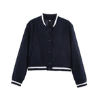 Women's short-cut college bomber jacket with ribbed striped collar and snap button placket Fashion Glam