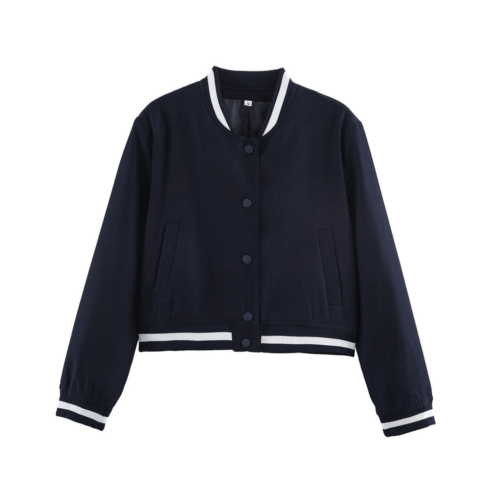 Women's short-cut college bomber jacket with ribbed striped collar and snap button placket Fashion Glam
