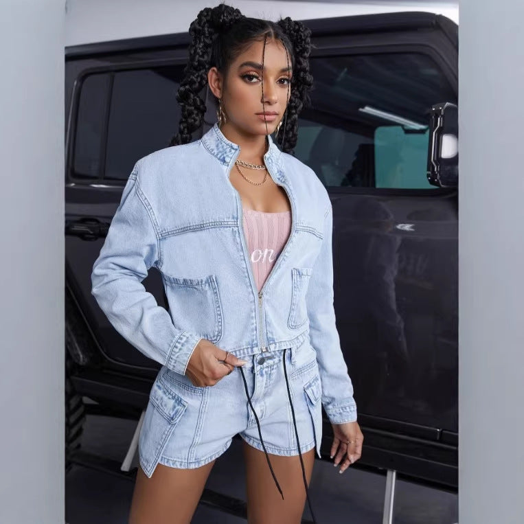 Women's short denim set with cropped jacket and cargo shorts Fashion Glam