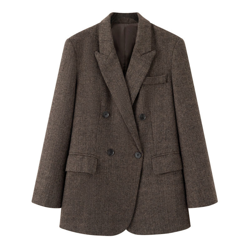 Women Double-breasted Oversized Tweed Blazer with Houndstooth Pattern Fashion Glam