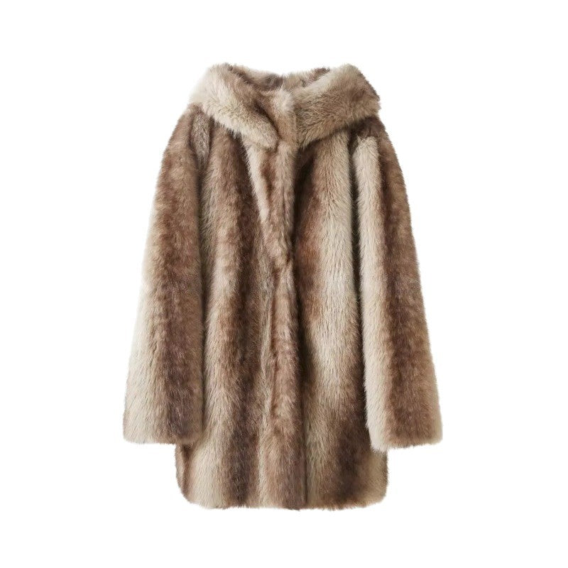 Women's Luxury Faux Fur Coat with A-Line Cut, Hood, and Microfiber Lining Fashion Glam