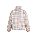 Women Lightweight Checkered Stand Collar Jacket with Drawstring and Flap Pockets Fashion Glam