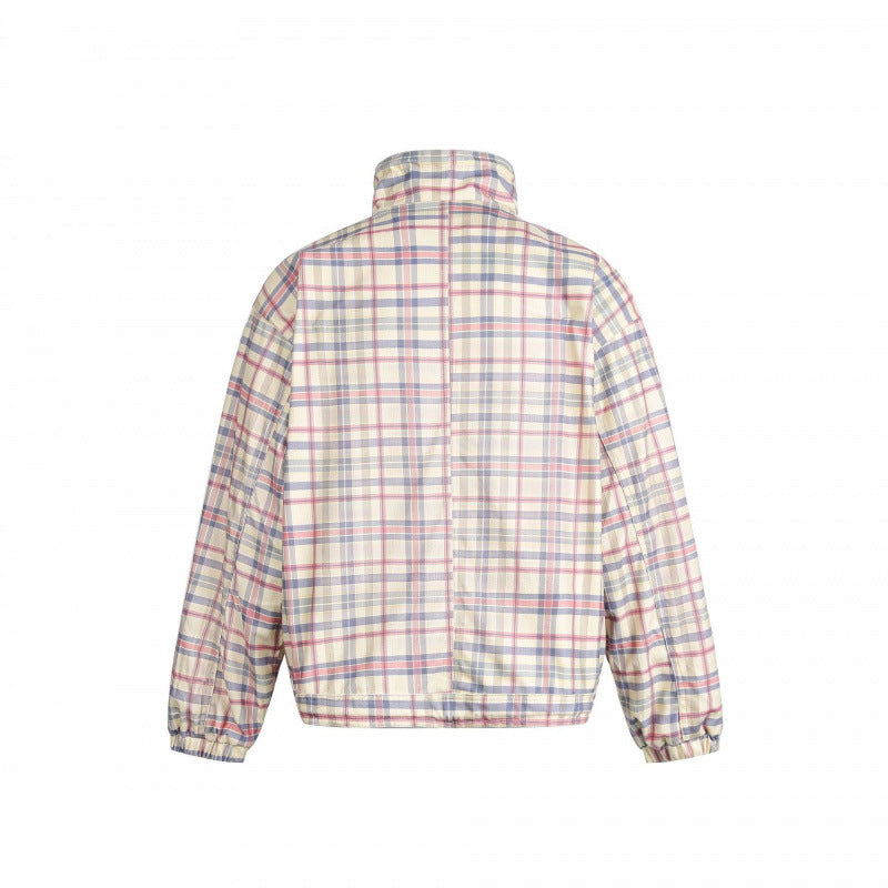 Women Lightweight Checkered Stand Collar Jacket with Drawstring and Flap Pockets Fashion Glam