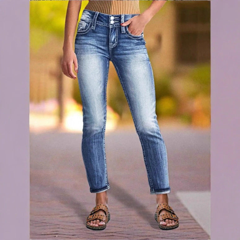 Women High-Waisted Cropped Skinny Jeans with Double Button and Vintage Wash Fashion Glam