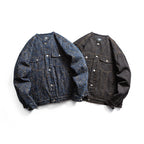 Men's Round Neck Denim Jacket in Boxy Cut with Contrast Stitching and Flap Pockets Fashion Glam