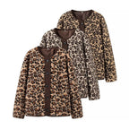 Women's Oversized Faux Fur Jacket in Leopard Print with Cord Trim and Patch Pockets Fashion Glam