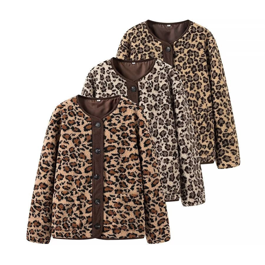 Women's Oversized Faux Fur Jacket in Leopard Print with Cord Trim and Patch Pockets Fashion Glam