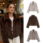 Women's Boxy Faux Fur Short Jacket with Classic Shirt Collar and Velvety Lining Fashion Glam
