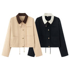 Women's Cropped Workwear Jacket with Cord Collar, Press Buttons and Drawstring Fashion Glam