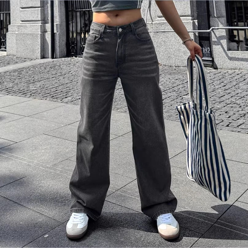 Ladies Wide High-Waist Denim Pants with Straight Leg and Vintage Stitching Fashion Glam
