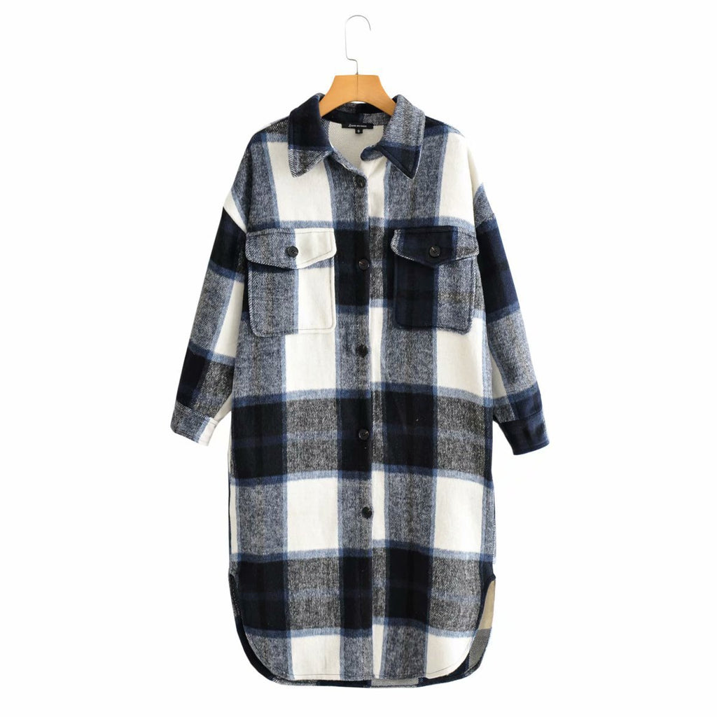 Women's Checked Longline Shacket Coat with Rounded Hem and Patch Breast Pockets Fashion Glam