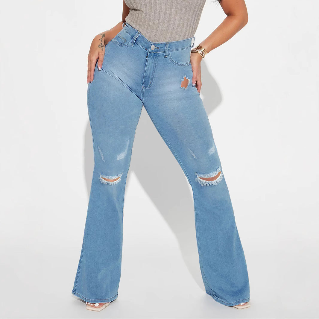 Women's High-Waist Flared Jeans with sculpting waistband and subtle knee rips Fashion Glam