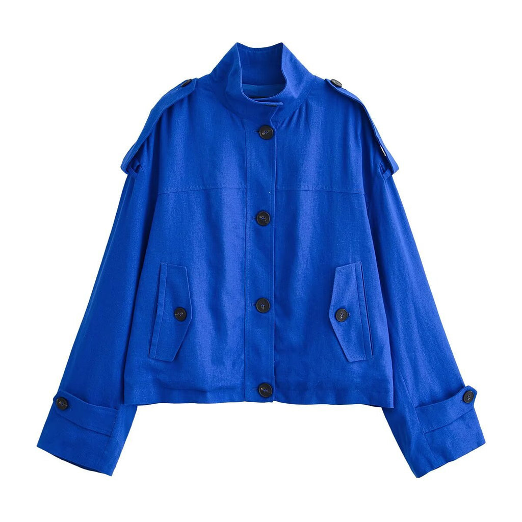 Women's Boxy-Cropped Jacket with Stand Collar Shoulder Patches and Flap Pockets Fashion Glam