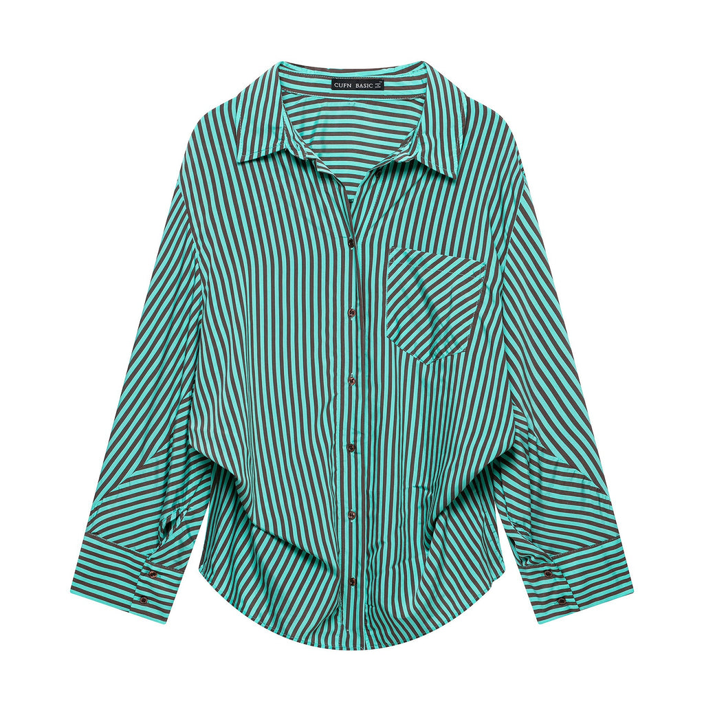 Women's Striped Oversized Shirt Blouse with Chest Pocket and Wide Cuffs Fashion Glam