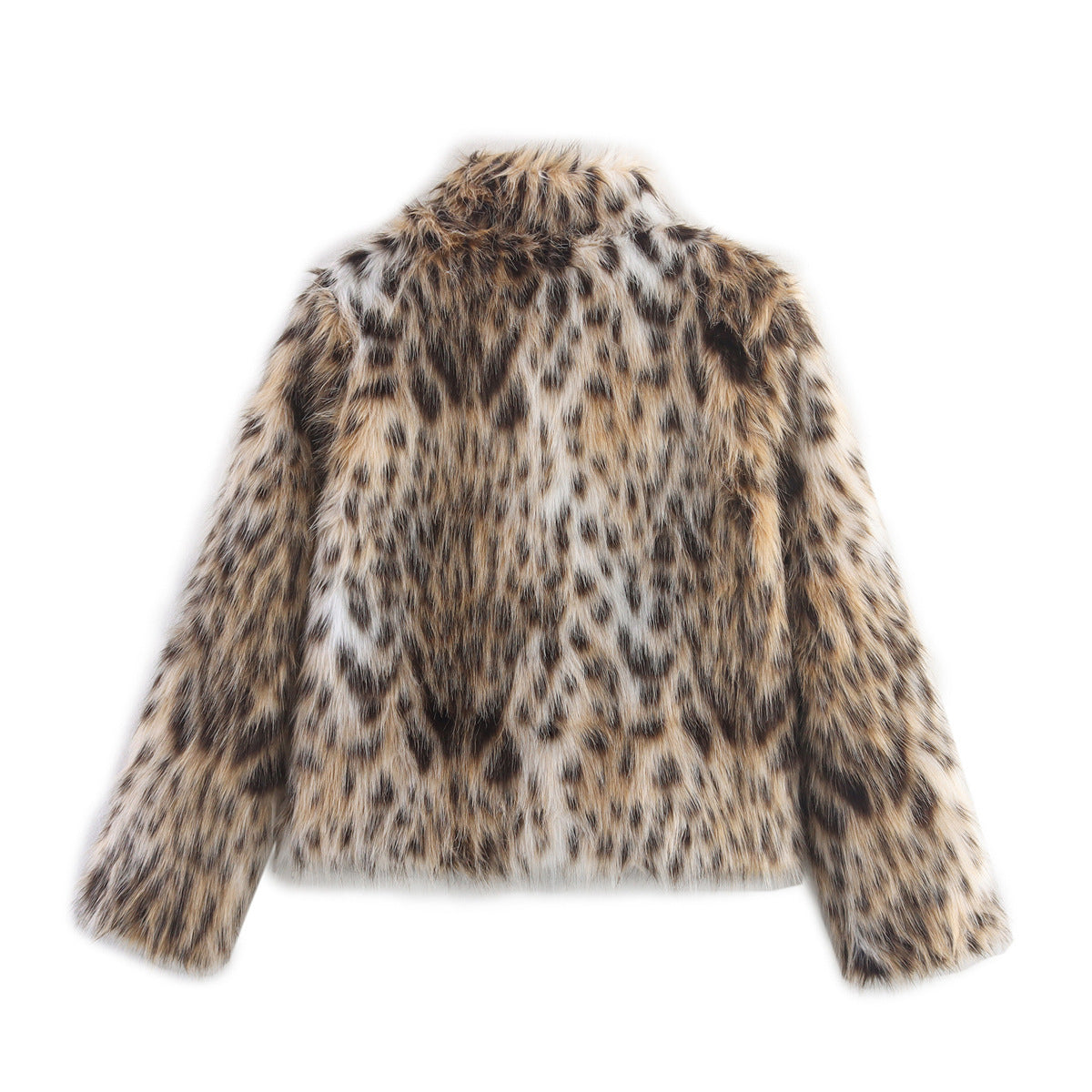 Women's short jacket made of faux fur in leopard print with boxy cut and stand-up collar Fashion Glam