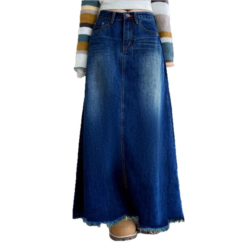 Women's Longer Vintage Jeans Skirt in A-Line Cut with High-Waisted Band and Frayed Hem Fashion Glam