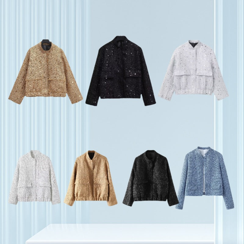 Women's embellished bouclé bomber jacket with sequins and rhinestones Fashion Glam