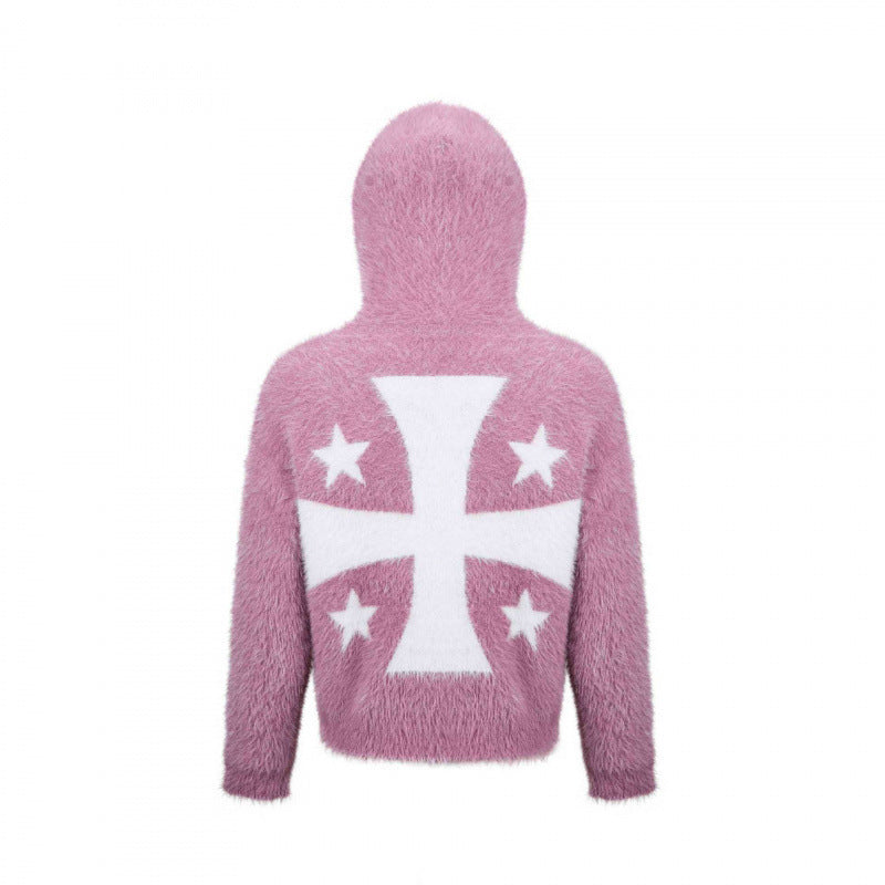 Unisex Fluffy Hoodie with Unicorn Motif and Continuous Zipper Fashion Glam