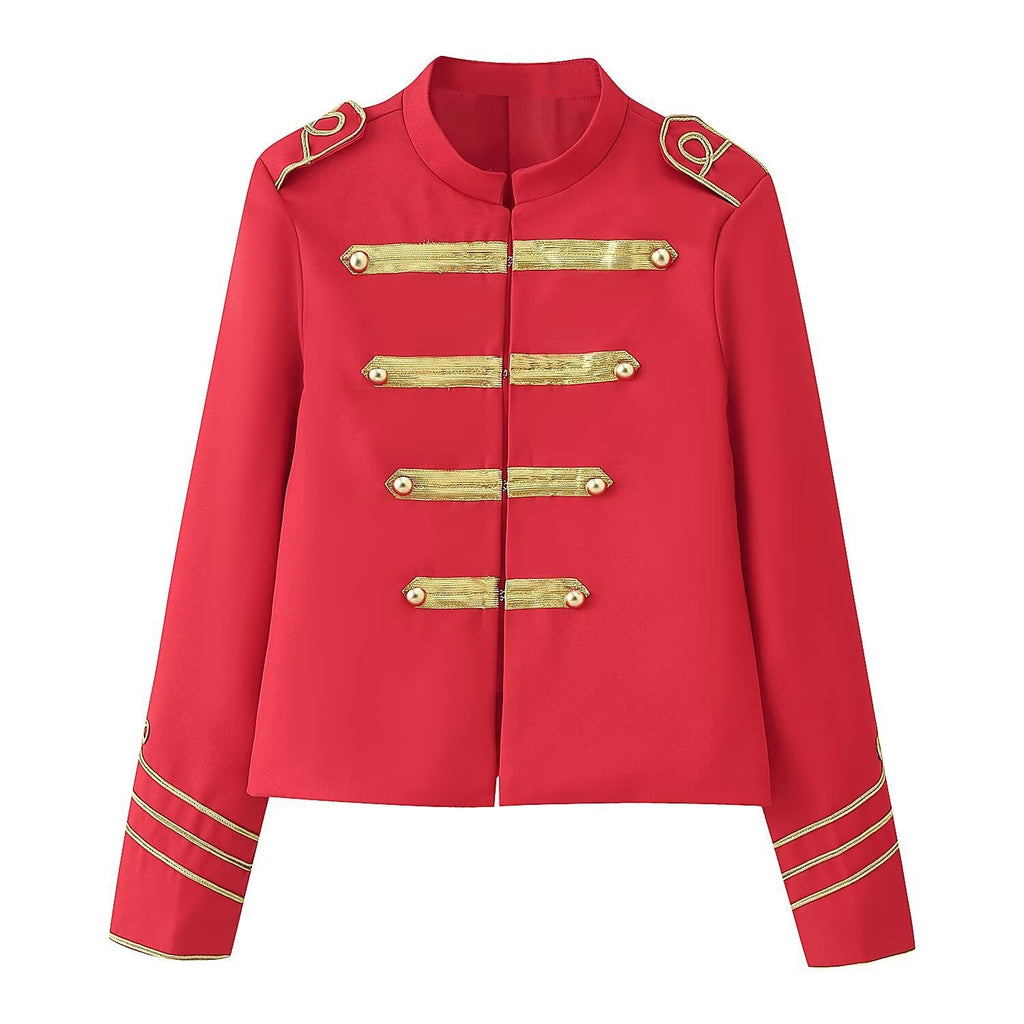 Ladies Cropped Military Jacket with Gold Embroidered Galloons and Stand-up Collar Fashion Glam