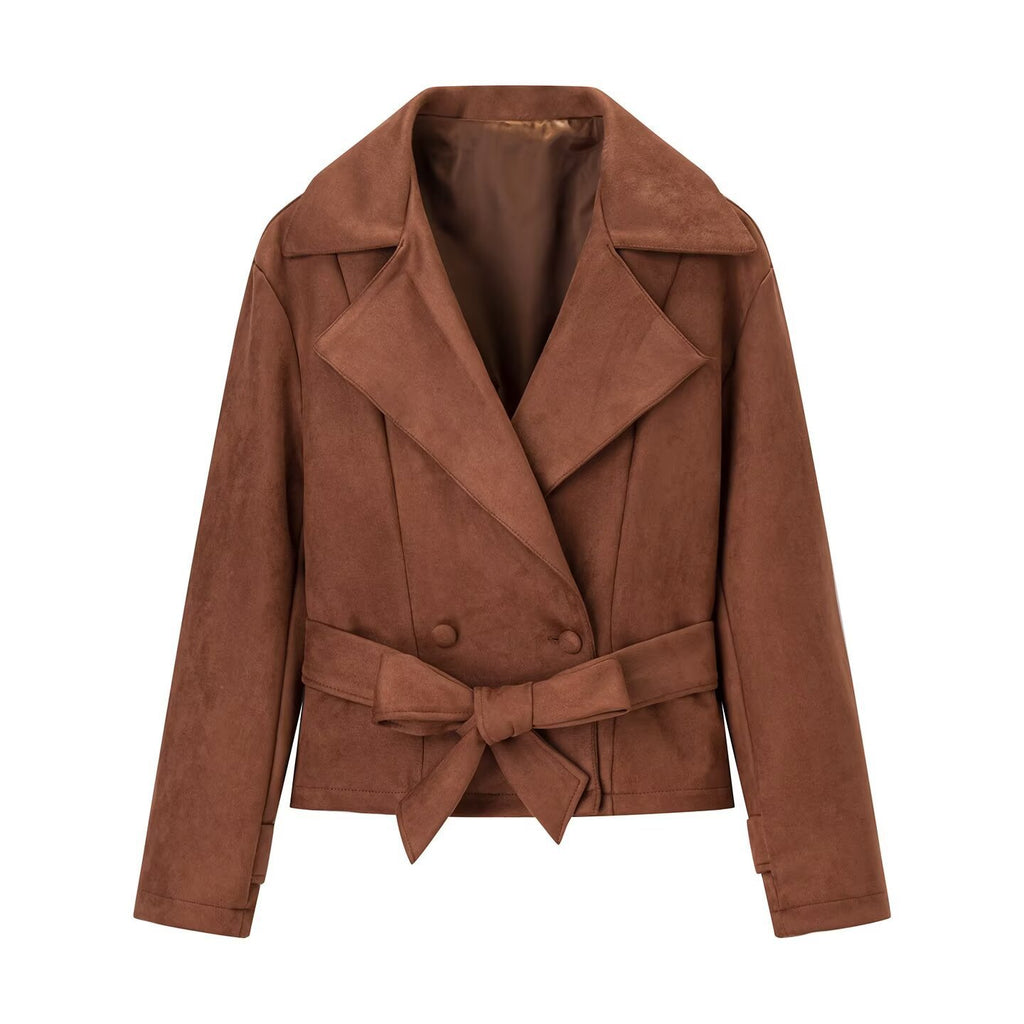 Women's short jacket made of faux suede with waist belt and double-breasted button placket Fashion Glam