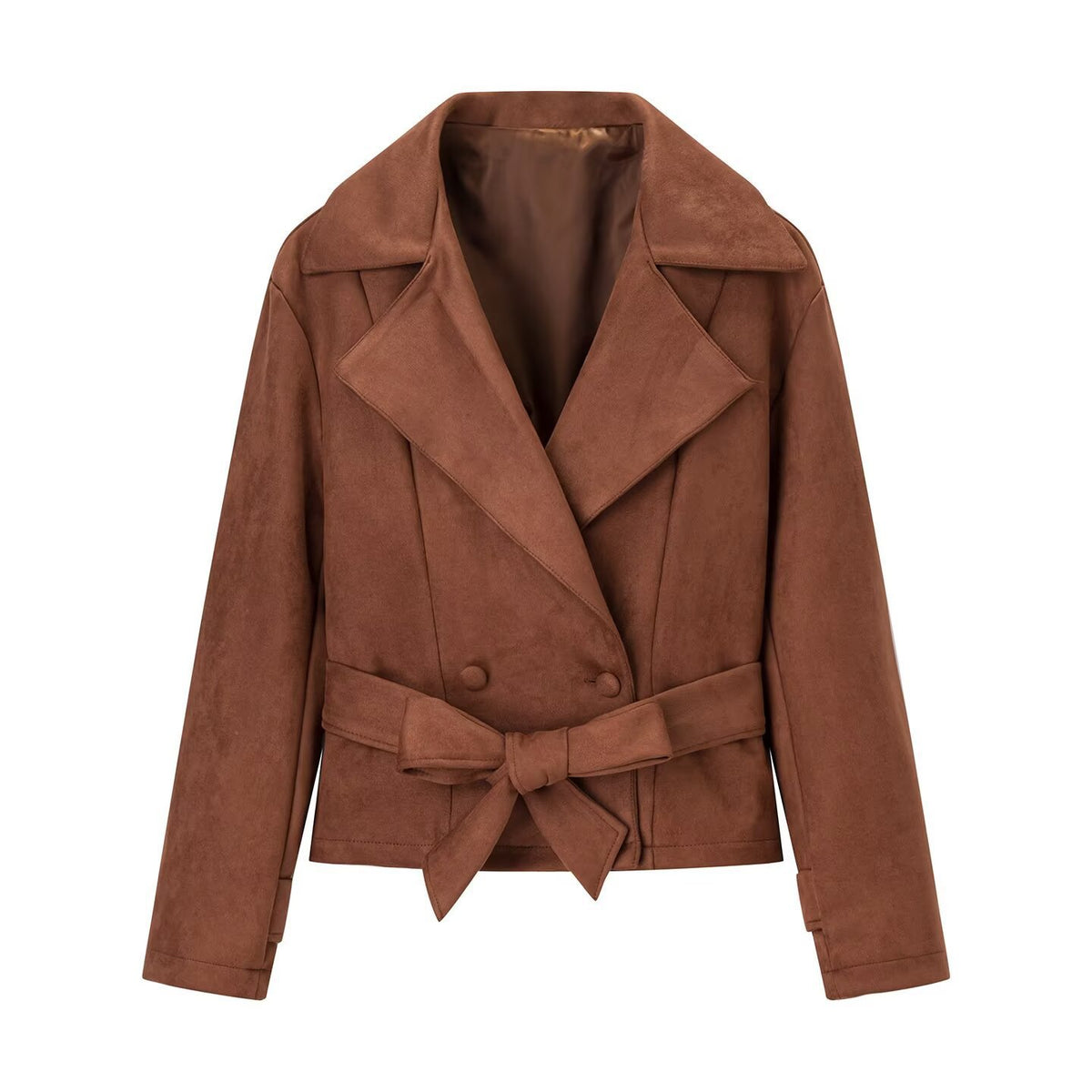 Women's short jacket made of faux suede with waist belt and double-breasted button placket Fashion Glam