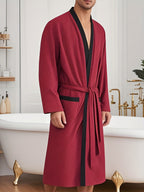 Men's lightweight cotton kimono bathrobe with waffle texture and patch pockets Fashion Glam