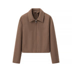 Ladies Short Boxy Wool Blend Zip Jacket with Shirt Collar Fashion Glam