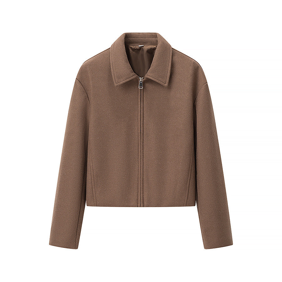Ladies Short Boxy Wool Blend Zip Jacket with Shirt Collar Fashion Glam