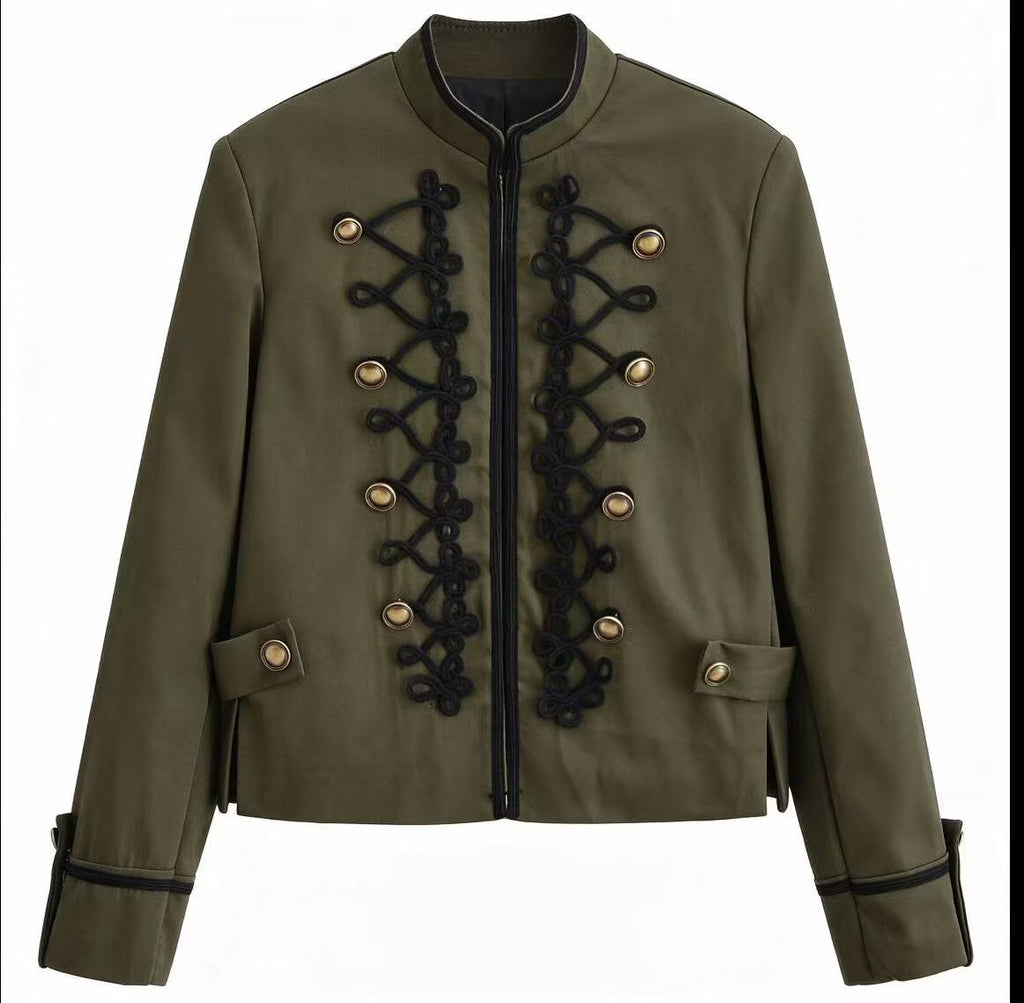 Women’s short military-style jacket with decorative cords and stand-up collar Fashion Glam
