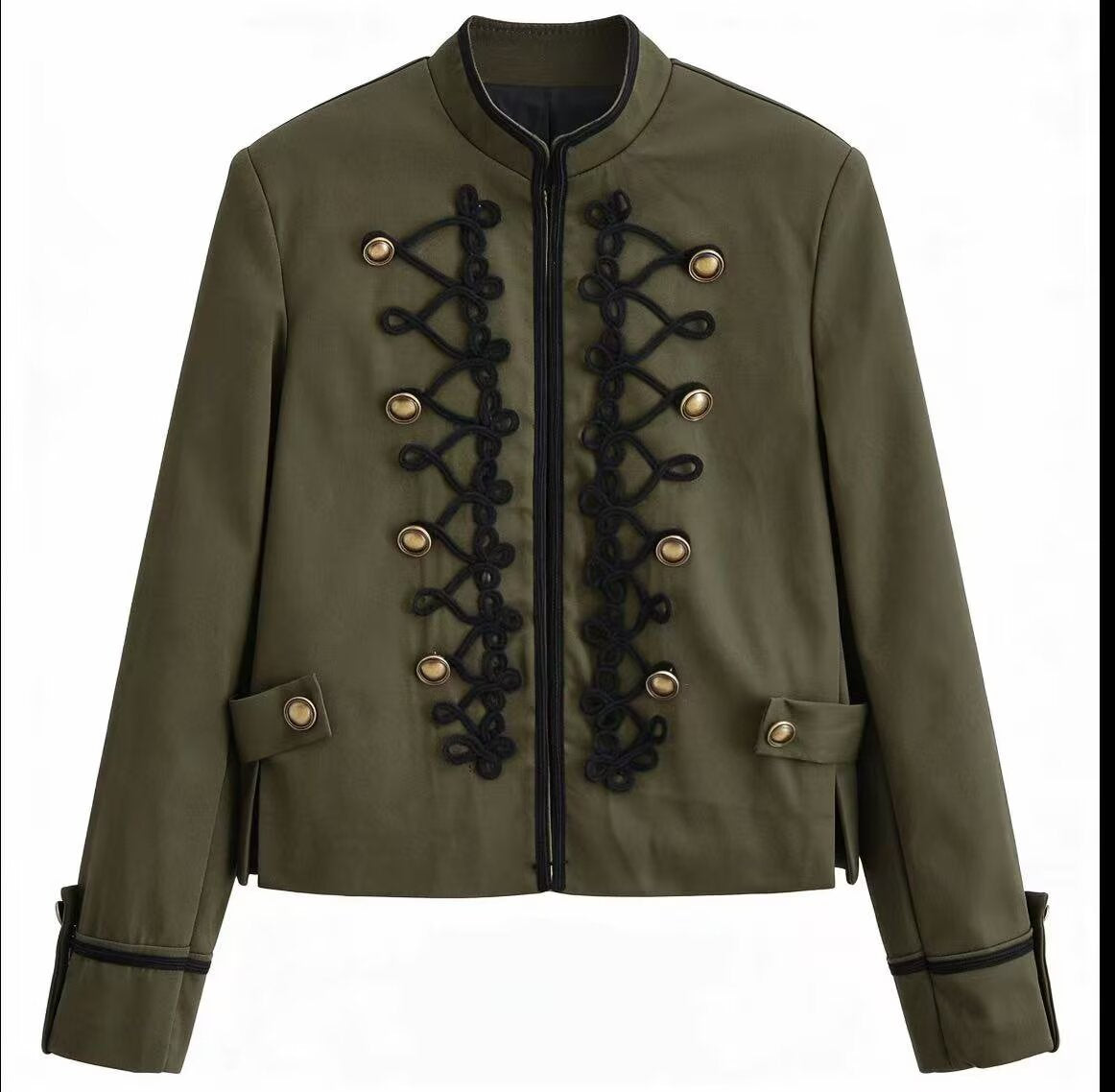 Women’s short military-style jacket with decorative cords and stand-up collar Fashion Glam