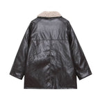 Women's Oversized Faux Leather Field Jacket with Detachable Teddy Collar and Flap Pockets Fashion Glam
