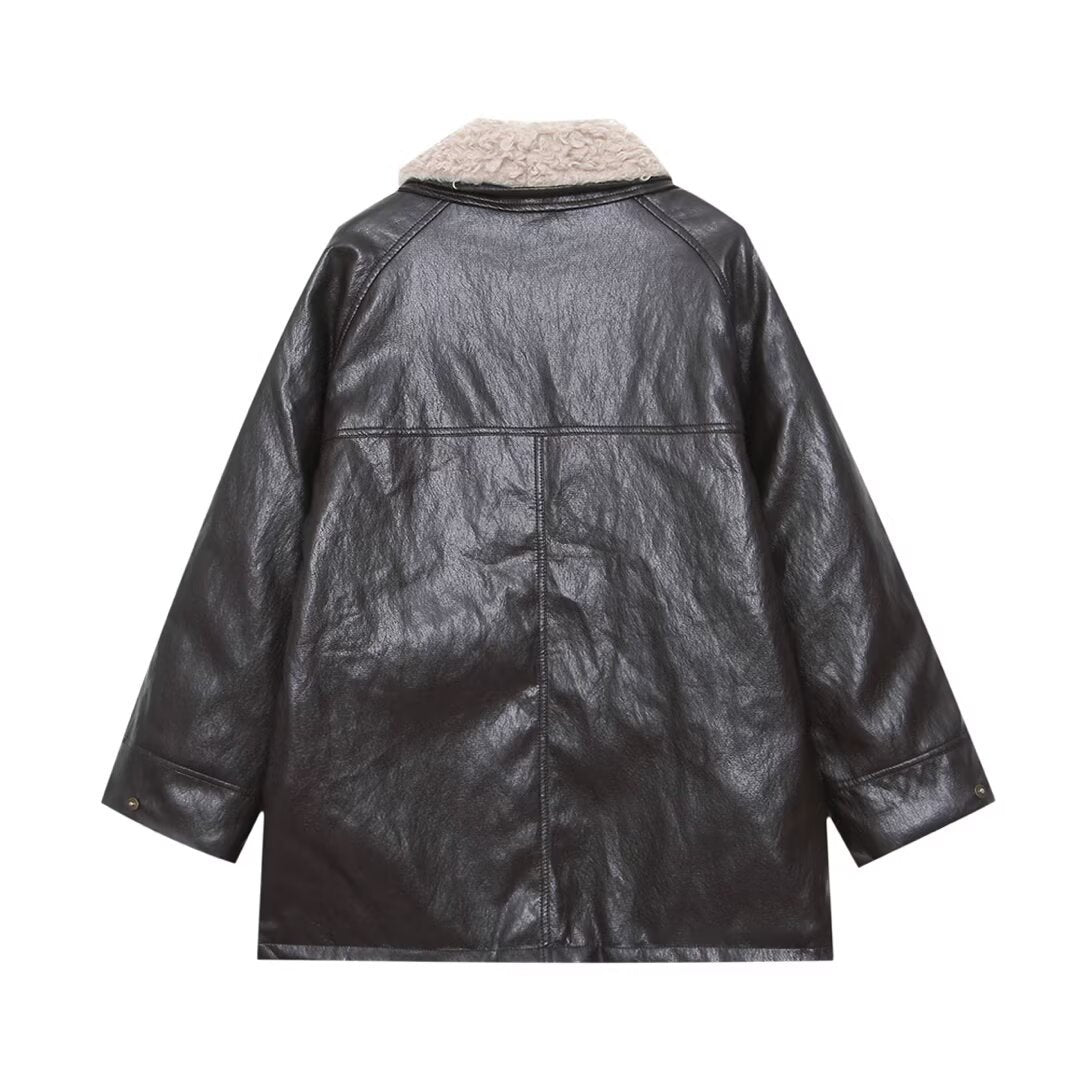 Women's Oversized Faux Leather Field Jacket with Detachable Teddy Collar and Flap Pockets Fashion Glam