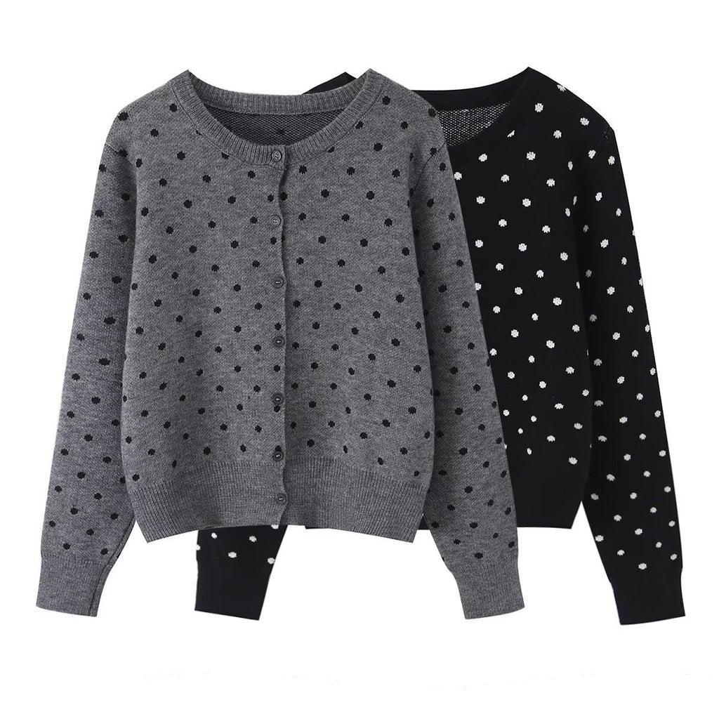 Women short cut fine knitted cardigan with round neckline, button placket and all-over polka dot pattern Fashion Glam