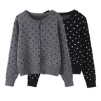 Women short cut fine knitted cardigan with round neckline, button placket and all-over polka dot pattern Fashion Glam